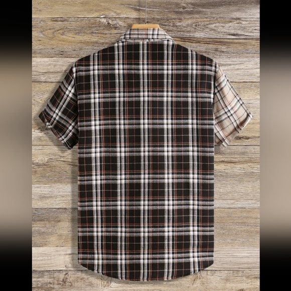 Men's Tan and Black Color Block Plaid Button-Up Shirt - Short Sleeve - Lg - Picture 2 of 3